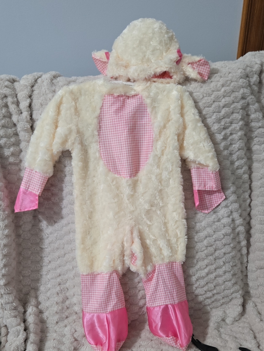 Kids Cream and Pink Lamb One-Piece Halloween Costume Romper with Hood
